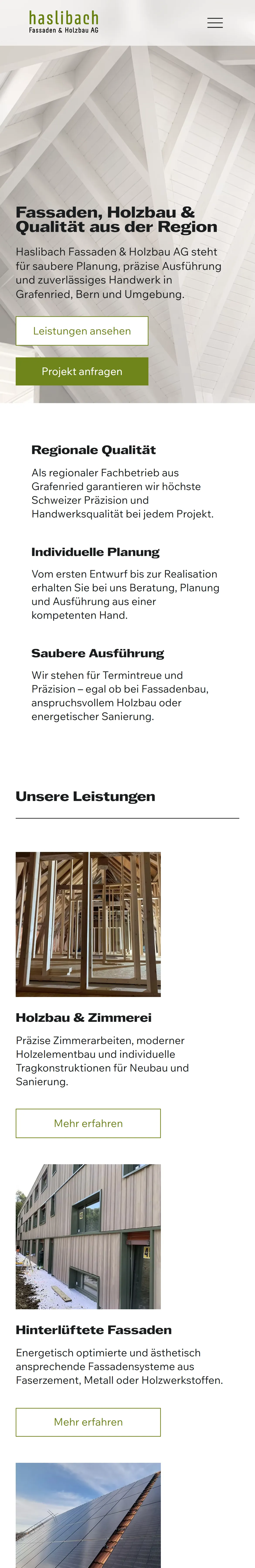 Startseite von haslibachag.ch auf dem Smartphone in voller Länge.