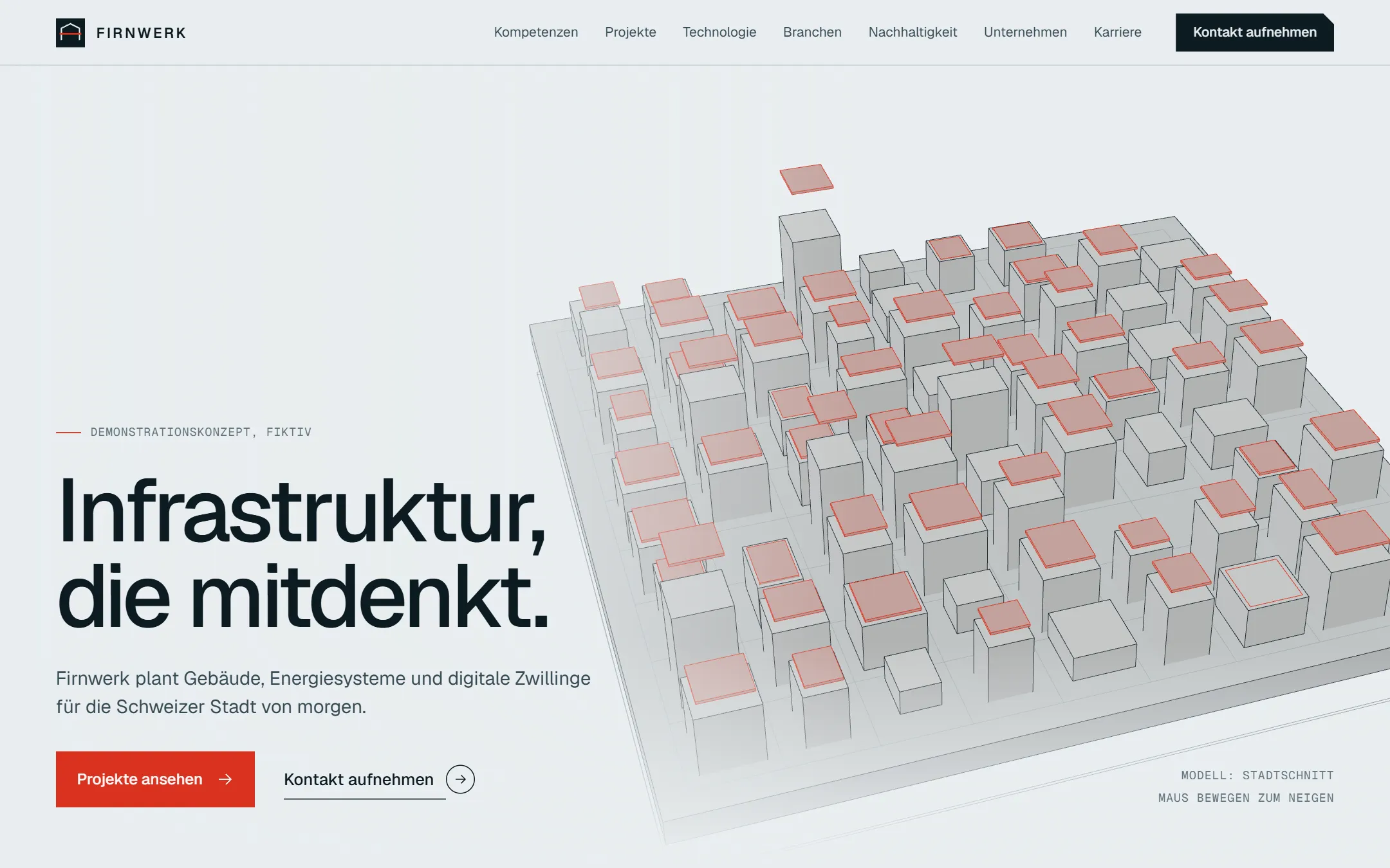 Startseite von Firnwerk in der Desktopansicht: Überschrift «Infrastruktur, die mitdenkt.» neben einem hellen 3D-Stadtmodell mit rot markierten Dachflächen.