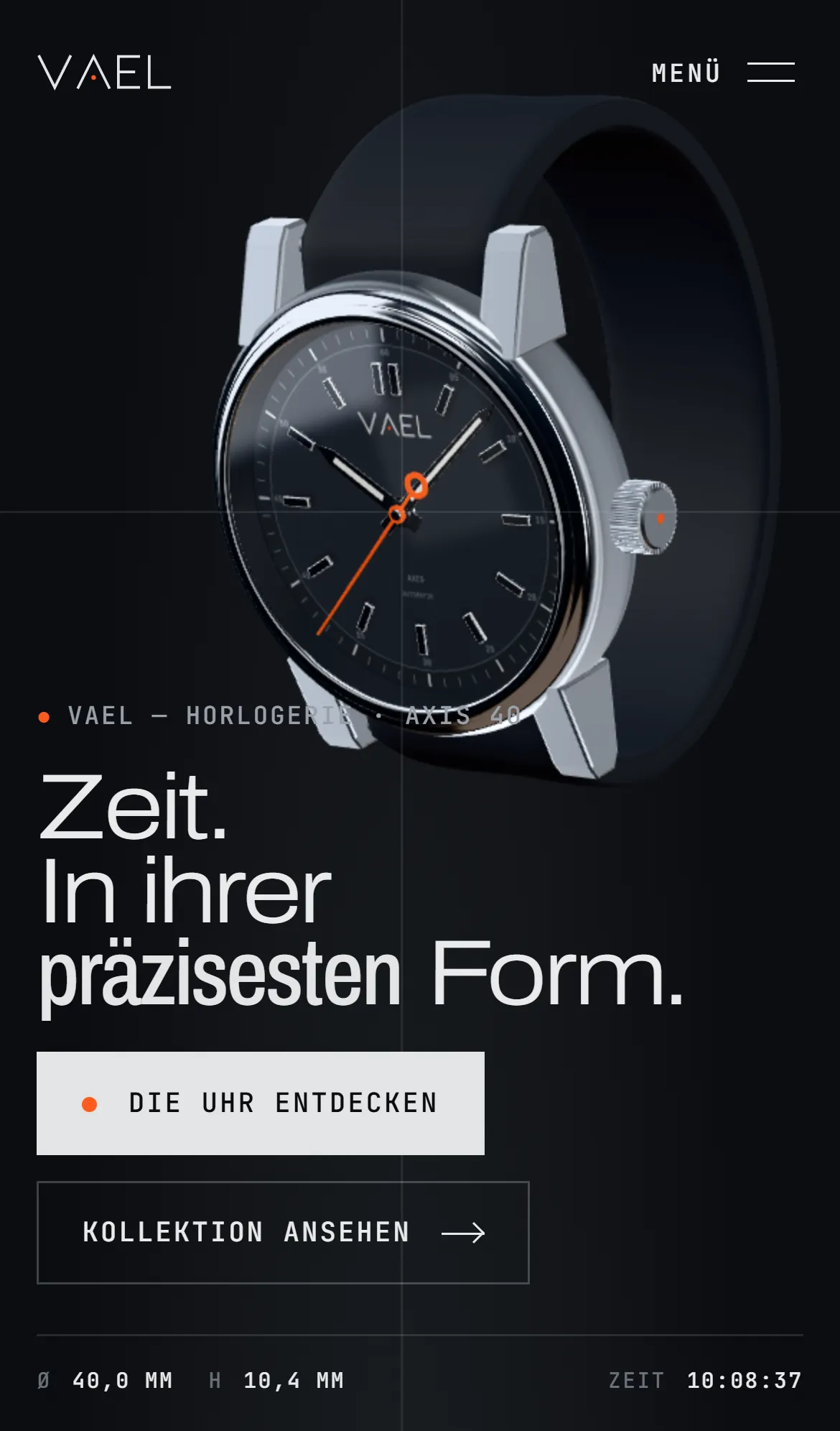 Startseite von VAEL auf dem Smartphone mit der Uhr über der Überschrift.